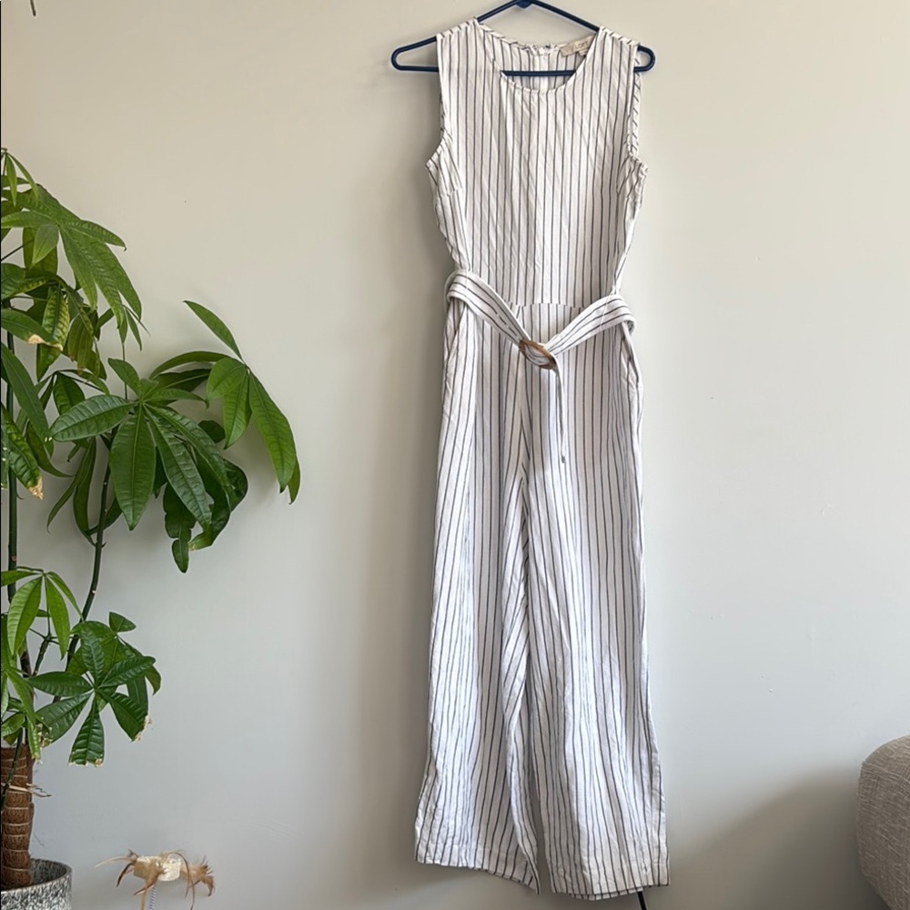 LOFT White and Black Striped Sleeveless Jumpsuit